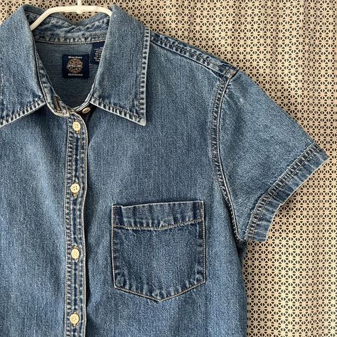 Blue denim button down shirt, short sleeves. Vintage... - Depop Short Sleeve Denim Shirt Outfit Women, Denim Short Sleeve Shirt Outfit, Short Sleeve Denim Shirt Outfit, Denim Shirt Outfit Women, Short Sleeve Shirt Outfit, Denim Shirt Outfit, Short Sleeve Denim Shirt, Denim Button Down Shirt, Boat Cruise