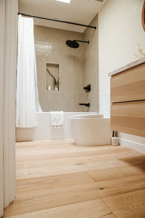 ZUHAUSE BATHROOM TOUR - The Kitchy Kitchen Wood In Bathroom Floor, Bathroom Wooden Floor Tiles, Bathroom Ideas Wooden Floor, Wood Floor In Bathroom, Wood Floor Bathroom Ideas, Bathroom With Wooden Floor, Wooden Floor Bathroom, Bathroom Wood Floor, Wood Bathroom Floor