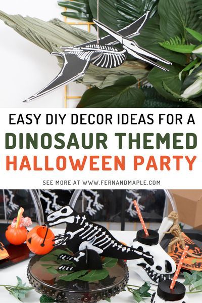 Get step-by-step instructions for creating easy DIY Dinosaur Themed Halloween decor, including backdrop props, centerpieces, and tableware! Perfect for a pre-trick-or-treating party for kids. Get all of the details now at fernandmaple.com! Dinosaur Halloween Birthday Party, Dinosaur Party Backdrop Ideas, Dinosaur Halloween Party, Dinosaur Halloween Decorations, Dinosaur Diy Decor, Dinosaur Centerpieces Ideas, Diy Dinosaur Decor, Spooky Dinosaur, Backdrop Props