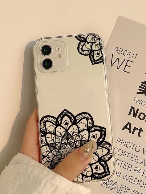 Black  Collar  TPU Floral Phone Cases Embellished   Phone/Pad Accessories Phone Covers Drawing, Doodle Art Phone Case, Mandala Dot Art On Mobile Cover, Phone Cover Painting, Mobile Cover Mandala Art, Mandala Art In Phone Case, Mobile Case Design, Mandala Art Phone Case, Mandala Phone Case Design