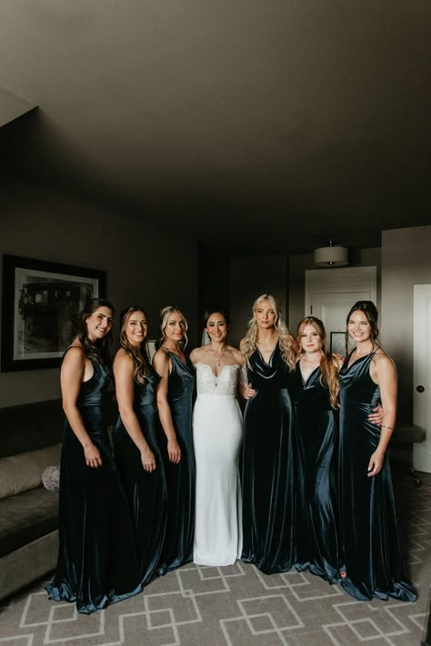 Blue Velvet Bridesmaid Dresses, Black Bridesmaid Dress Winter, Blue Maid Of Honor Dress, Blue Velvet Bridesmaid, Black Bridesmaid Dress Mismatched, Maid Of Honor Dress Ideas, Gowns For Bridesmaids, Wedding Day Aesthetic, Bridesmaid Dresses 2023