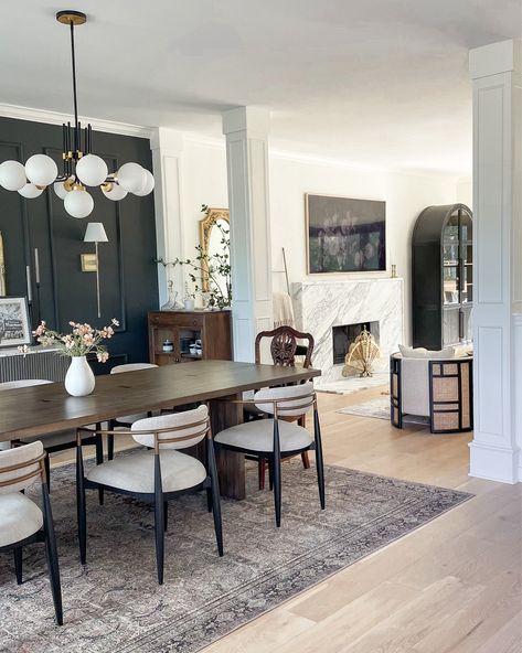 Dining Room With Arm Chairs, Armchair In Dining Room, Dark Rug Dining Room, Dining Room Rugs Modern, Arhaus Jagger Dining Chair, Rugs For Dinning Room, New Build Dining Room, Dining Table With Rug, Formal Dining Room Modern