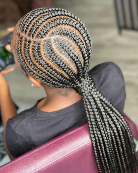 10 stitch braids into a low ponytail 😍 #braidvixen #brooklynbraider #feedinbraids #nyc #stitchstraightbacks #stitchbraids… | Instagram Feed In Braids Into Low Bun, 10 Stitch Braids, Hairstyle Latest, Beautiful Braided Hairstyles, African Braids Hairstyles Pictures, Hair Braid Patterns, Cornrow Ponytail, Lemonade Braids Hairstyles, Cornrows Braids For Black Women