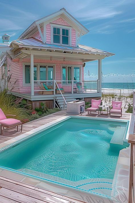 Pastel Beach House Exterior, Pink Pool Aesthetic, Pink Beachy Room, Beach House Colorful, Pink Swimming Pool, Beachy Backyard, Pink Beach House, Beach House Backyard, Beachy House