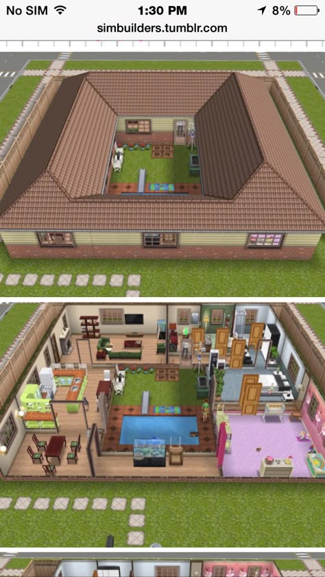 Casa com quintal no meio Sims 4 Easy House Ideas, Sims 4 Easy House Build, Easy Sims 4 House, Sims Mobile House Ideas, Sims 3 Houses, Sims Freeplay House Ideas, Sims3 House, Cheap House Plans, Modest House