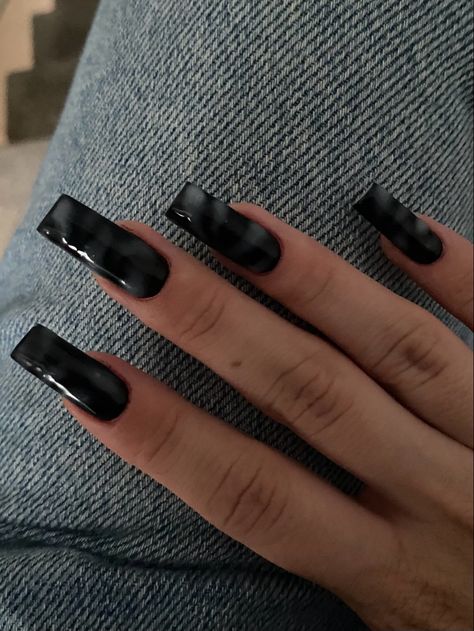 nail inspo #basic #nails #simple #squarenails #1 #fallnails #aesthetic French Tip With Solid Nail, Nail Ideas Square Black, Aesthetic Black French Tip Nails, Black Chrome Square Nails, Acrylic Nail Plain Color, Cute Black Square Nails, Small Black Nail Design, Black Cool Nails, Simple Nail Square