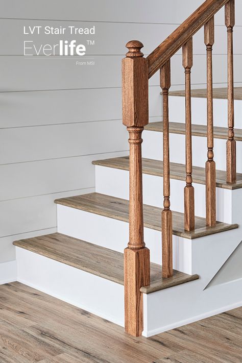 Add the finishing touches to achieve a seamless, polished look with our new LVT stair treads. Available in our Cyrus, Prescott and XL Cyrus lines. Each stair tread is used to fully cover the top of each stair, eliminating any need for stair nosing. Complete your LVT design withcomplementary pieces and trim all a click away! Vinyl Stair Treads, Vinyl Stair Nosing, Vinyl Stairs, Stairs Renovation, Vinyl Wood Flooring, Stairs Makeover, Luxury Vinyl Tile Flooring, Stair Remodel, Vinyl Tile Flooring