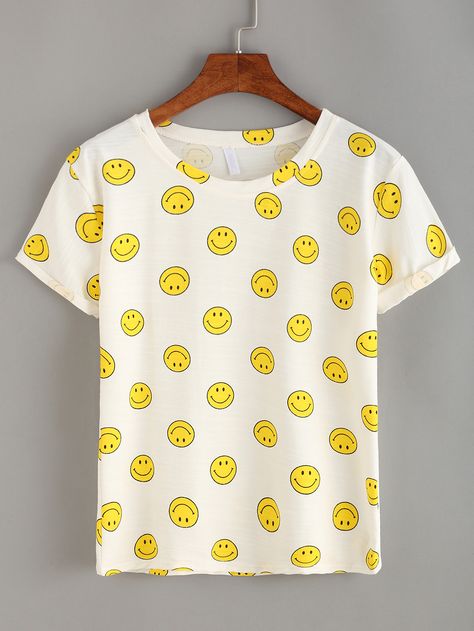 Short Sleeve Tops With Smiley Face For Spring, Cotton Short Sleeve Top With Smiley Face, Spring Tops With Smiley Face, Short Sleeve, Trendy Short Sleeve T-shirt With Smiley Face, Cheap Short Sleeve T-shirt With Smiley Face, Unicorn Fashion, Trendy Hoodies, Girls Top, Night Dress For Women