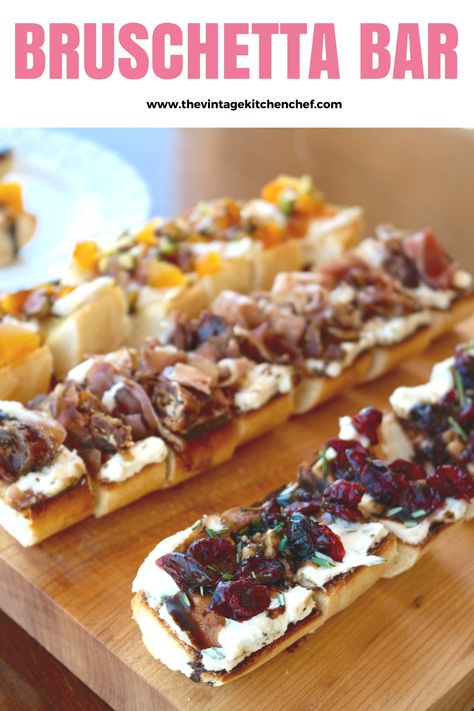 How to create your own bruschetta bar. Bruschetta Wedding Appetizer, Party Appetizer Sandwiches, Bruschetta Board Recipe, Thanksgiving Bruchetta Appetizers, How To Serve Bruschetta, Bruschetta Bar Build Your Own, Build Your Own Bruschetta Bar, Wine Bar Appetizers, What To Serve With Bruschetta