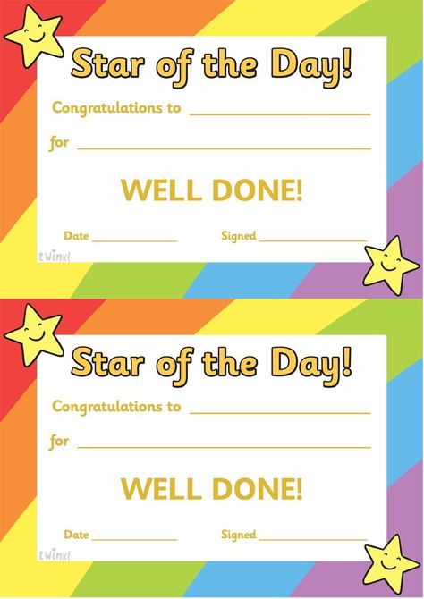 Twinkl Resources >> Star of the Day A4 Poster  >> Classroom printables for Pre-School, Kindergarten, Elementary School and beyond! Awards, Certificates, Posters, Signs and Labels Star Of The Week Certificate, Funny Certificates, Preschool Certificates, Classroom Awards, Congratulations Photos, Student Certificates, Student Of The Week, Student Of The Month, Poster Classroom