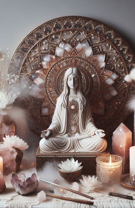 Sacred Space Aesthetic, Spiritual Room Decor Ideas, Crystal Meditation Aesthetic, Conscious Living Aesthetic, Home Altar Ideas Spiritual, Zen Decorating Ideas, Crystal Altar Ideas, Spiritual Aesthetic Room, Sacred Space At Home