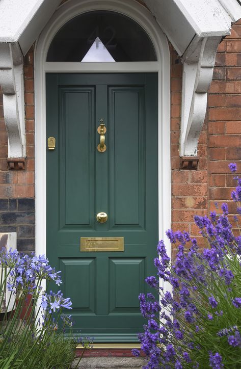 a stunning new timber front door in Mustang Green Flower Pot Ideas Outdoor, Pots Front Door, Front Door Plant, Front Door Upgrade, Arch Front Door, Entrance Wooden Door Design, Main Door Design Ideas, Front Door Flower Pot Ideas, Timber Entrance