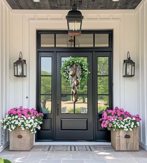 Colonial Front Door, White Picket Fence Ideas, Outside Paint Colors, Picket Fence Ideas, Front Door Transformation, Beautiful Entrance, Double Door Entrance, Double Doors Exterior, Outside Paint