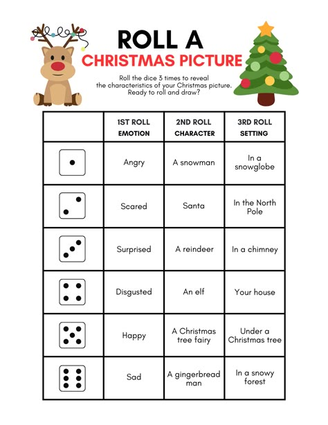 Free Christmas Dice Game Printable Fun for Kids (And Adults) — xoxoerinsmith.com Family Christmas Dice Roll Game, Roll A Dice Drawing Games Christmas, Free Christmas Activities For Families, Elf Games For Kids, Christmas Exercises For Kids, Christmas Games Free Printable, Christmas Mad Libs For Kids, Christmas Dice Games, Easy Christmas Games For Kids