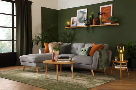 Gray Sofa Living, Green Sofa Living, Green Walls Living Room, Dark Green Living Room, Green Sofa Living Room, Green Living Room Decor, Grey Sofa Living Room, Japandi Living Room, Furnitur Ruang Keluarga