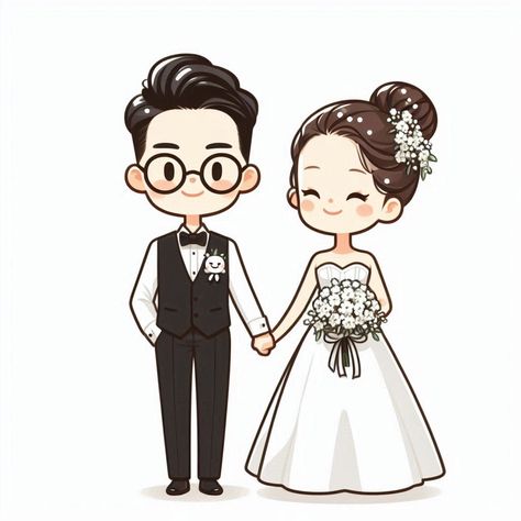 Wedding Chibi Couple, Marriage Illustration Couple, Bride And Groom Sketch, Couple Chibi, Wedding Sketch, Mirror Writing, Wedding Illustration Card, Wedding Couple Cartoon, Wedding Drawing