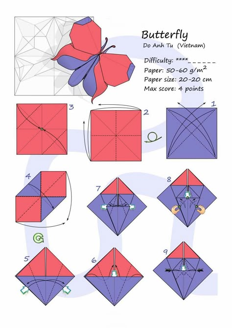 Ruby Book Origami: Diagram Butterfly-Do Anh Tu Origami Butterfly Tutorial, Origami Butterflies, 3d Origami Tutorial, Hanging Craft Ideas, Origami Diagrams, Origami Models, Cute Origami, Origami Patterns, Hanging Craft