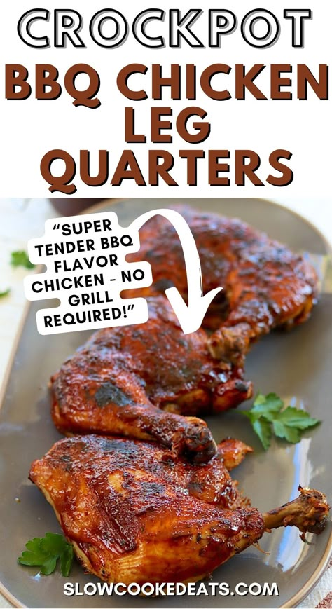 You will love these BBQ chicken leg quarters in the slow cooker! They're super tender and dry rubbed with a smokey, tangy, flavorful spice rub, slow cooked until they are juicy, and then basted in BBQ sauce and crisped to perfection - no grill required! Ready to make them? Crockpot Chicken Leg Quarters are so easy and the perfect weeknight dinner idea! Crockpot Leg Quarters, How To Cook Leg Quarters, Chicken Quarters In Crockpot, Recipes With Chicken Leg Quarters, Slow Cooker Leg Quarters, Recipes With Leg Quarters, Crockpot Chicken Quarters Slow Cooker, Chicken Leg Quarter Meals, Recipes For Chicken Leg Quarters