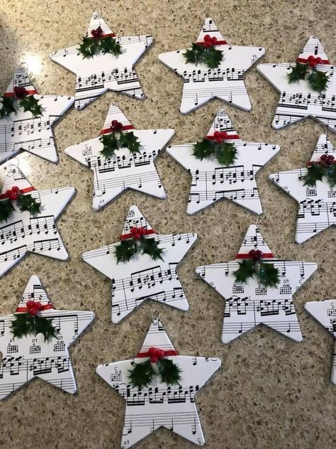 Christmas homemade star music ornaments. Sheet Music Valentine Crafts, Music Ornaments Diy, Piano Christmas Decor, Christmas Music Ornaments, Band Ornaments, Sunday Christmas, Sheet Music Ornaments, Recital Gifts, Music Christmas Ornaments