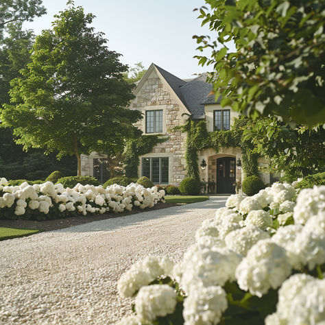 Hydrangeas in the driveway. Beautiful flowers Hydrangeas Driveway, Hydrangea Driveway Entrance, Hydrangea Driveway, Hydrangeas In Front Of House, White Hydrangea Garden, Faux Garden, Apartment Loft, Gravel Driveway, Long Driveways