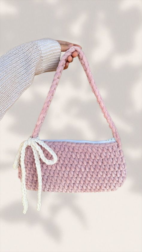 Soft and fluffy handmade coquette aesthetic crochet handbag with 3 different colors available made using chenille yarn. With a bow, zipper, and lining inside. Crochet Bag Fluffy Yarn, Tote Bag Crochet, Crochet Table Mat, Crochet Market, Bags Crochet, Jewelry Crochet, Handmade Crochet Bags, Crochet Blanket Designs, Crochet Handbag