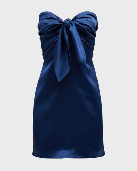 Orion Strapless Tie-Front Satin Mini Dress Short Blue Formal Dress, Strapless Blue Prom Dress, Homecoming Dresses Navy, Tight Short Dress, Dress Bow Tie, Hoco Inspo, Mini Homecoming Dress, Mermaid Siren, Mini Homecoming Dresses