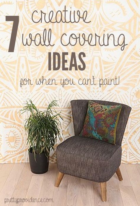 7 great wall coverings for when you can't paint! tapestries, temporary wallpaper, DIY removable fabric wallpaper, etc. lots of good ideas! www.prettyprovidence.com Temporary Wall Covering, Temporary Wall Decor, Floor To Ceiling Curtains, Renters Decorating, Wallpaper Diy, Decor Hacks, Living Room Color Schemes, Temporary Wall, Cover Wallpaper