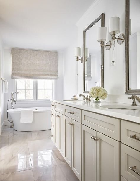 5 Luxurious Southern Bathrooms White And Taupe Bathroom, Taupe Master Bath, Taupe Bathroom Vanity, Renovate Bathroom, Tammy Connor, Bathrooms Floors, Sarah Bartholomew, Taupe Bathroom, Master Bath Design