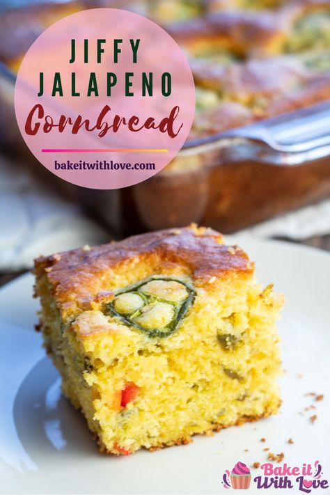 A big square slice of Jiffy jalapeno cornbread on a white plate with the glass baking dish in the background. Jiffy Cornbread With Cream Corn Jalapeno, Honey Jalapeno Cornbread Jiffy, Cheesey Jalepeno Cornbread Jiffy, Jiffy Jalapeno Cheddar Cornbread With Cream Corn, Jiffy Cornbread Recipes Jalapeno, Jiffy Mix Mexican Cornbread Recipe, Easy Jalapeno Cornbread, Jiffy Mexican Cornbread Recipes, Jalapeno Cheese Cornbread Jiffy