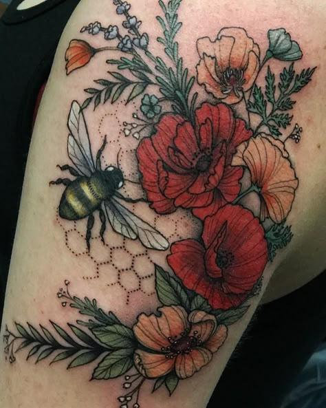 Katie, thanks again for letting me torture you! Loved making this fuzzy bee butt and floral fun for you! #botanicaltattoo #tattoo… Botanisches Tattoo, Tattoo Sleeve Filler, Art Nouveau Tattoo, Nouveau Tattoo, Muster Tattoos, Theme Tattoo, 4 Tattoo, Botanical Tattoo, Bee Tattoo