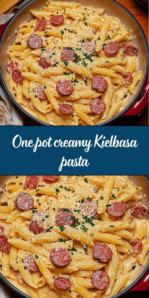 This One-Pot Creamy Kielbasa Pasta is a quick and delicious meal featuring smoky kielbasa sausage, tender pasta, and a rich, cheesy sauce. Made in just one pan, this dish is perfect for busy weeknights when you need a comforting and satisfying dinner with minimal cleanup. Cheesy Kielbasa Pasta, Creamy Kielbasa, Cheesy Kielbasa, Kielbasa Pasta, How To Cook Kielbasa, One Pot Cooking, Cheese Alternatives, Kielbasa Sausage, Garlic Cream Sauce