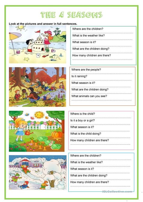 Esl Worksheets For Beginners, Seasons Lessons, Seasons Worksheets, Picture Comprehension, The 4 Seasons, Grammar For Kids, Reading Comprehension Lessons, English Teaching Materials, Kindergarten Reading Worksheets