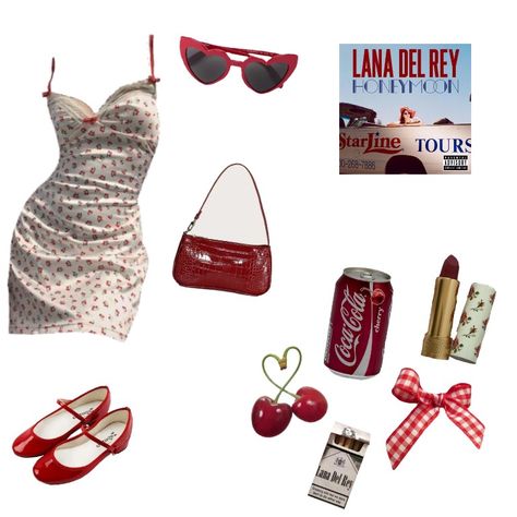 Lana Del Rey Aesthetic Outfits Red, Honeymoon Summer Outfits, Lana Del Rey Fourth Of July Outfit, Lana Del Ray Outfits Inspiration Concert, Lana Del Rey 4th Of July Outfit, Lana Feel Rey Concert Outfit, Lana Del Rey Outfits Inspiration Concert, Lana Del Rey Fits, Lana Del Ray Outfits Inspiration