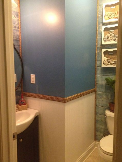 Rope Trim On Wall, Beachy Bathroom Ideas, Basement Entry, Shark Bathroom, Bathroom Planning, Mobile Home Bathrooms, Beadboard Wallpaper, Beachy Bathroom, Nautical Bathroom