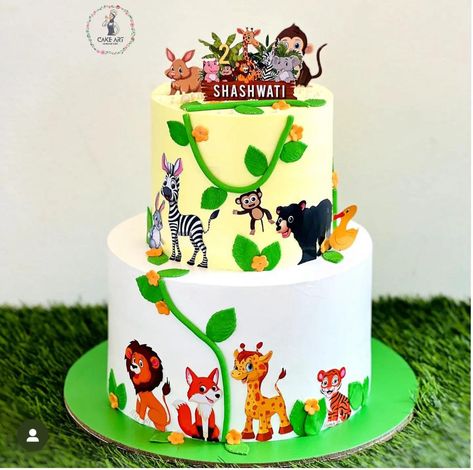 Jungle Theme Cake Design, Jungle Theme Birthday Cake, Birthday Cake 2 Tier, 1st Birthday Cake Designs, Jungle Theme Cake, Cake 2 Tier, Jungle Theme Cakes, Cake Designs For Kids, Thematic Cake