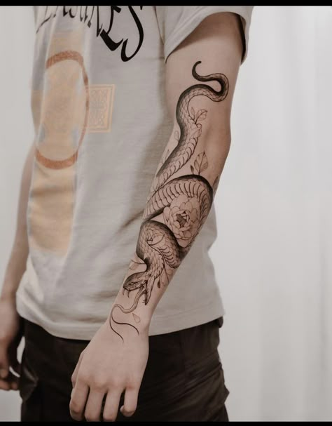 Snake Tattoo Men Arm Sleeve, Brushstroke Snake Tattoo, Mens Snake Tattoo Arm, Male Snake Tattoo, Snake Tattoo Arm Men, Snake Half Sleeve Tattoo, Chinese Snake Tattoo, Forearm Snake Tattoo, Snake Tattoo Sleeve