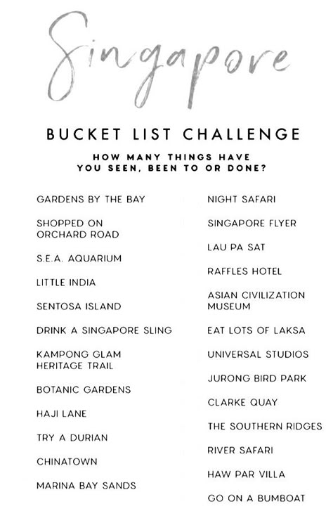 Bucket List Challenge, Travel Infographic, Holiday Travel Destinations, Travel Inspiration Destinations, Singapore Travel, Travel Wishlist, Travel Checklist, Travel Locations, Bucket Lists