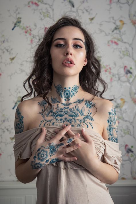 Humming Bird Chest Tattoo, Porcelain Tattoo Design, Delft Pottery Tattoo, Delft Tattoo Ideas, Blue Delft Tattoo, Porcelain Tattoo Sleeve, Blue Neck Tattoo, Porcelain Tattoo Blue, Chest Women Tattoo