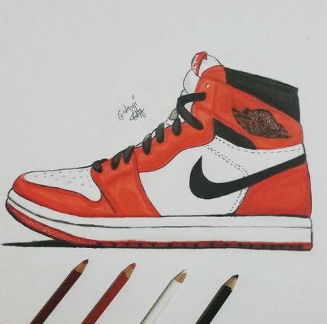 "Air Jordan 1 Retro Chicago" colored pencil drawing by me (2015) Air Jordan Drawing, Jordan 1 Drawing, How To Draw Jordans, Jordan Drawing, Nike Drawing, Nike Tattoo, Diy Drawings, Air Jordan 1 Chicago, Sneakers Illustration