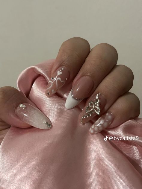 Prettiest Nails, Coquette Nails, White And Silver Nails, Long Acrylic Nail Designs, Nails Design With Rhinestones, Really Cute Nails, Top Nail, Silver Nails, Fire Nails