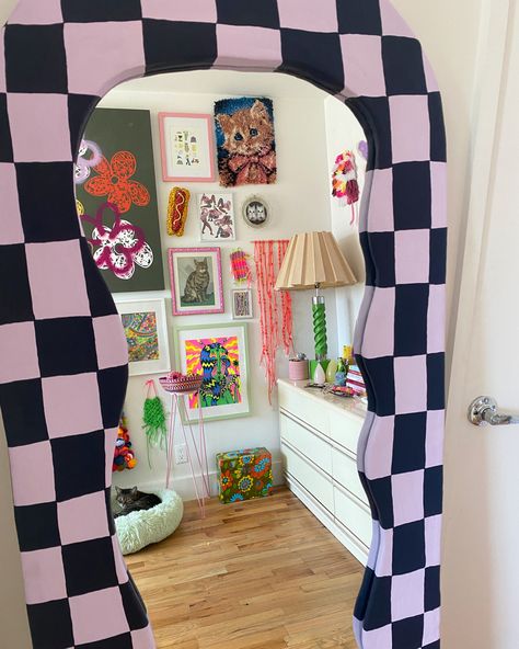 Checkerboard Wall Bedroom, Checkerboard Room Aesthetic, Checkered Decor Aesthetic, Tattoo Studio Decoration Ideas, Checkerboard Decor, Checkerboard Mirror, Checkered Mirror Frame, Checkered Bedroom, Checkered Mirror