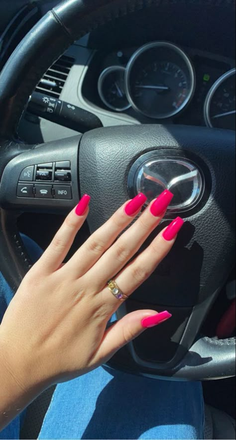 Square Nail Designs Rhinestones, Hot Pink Acrylic Nails Coffin Short, Bright Pink Nails Square, Spring Nails Medium Square, Flashy Pink Nails, Dark Pink Square Nails, Summer Nails Plain Colors Bright, Solid Hot Pink Nails, Hot Pink Red Nails