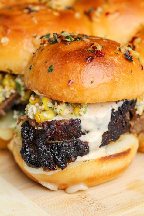 Elote Brisket Sliders with Alabama White Barbecue - Bad Batch Baking - Restaurant Copycat Recipes & Family Favorites Brisket Sliders, Brisket Seasoning, Restaurant Copycat Recipes, Restaurant Copycat, Chicken Sliders, Recipes Family, Barbecue Restaurant, Slider Buns, Smoked Cooking