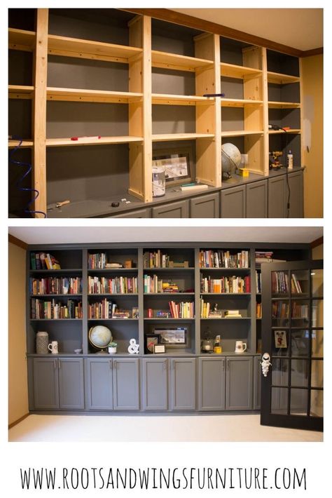 Build Your Own Bookcase, Diy Large Bookcase, Wrap Around Bookcase, Diy Bookcase With Drawers, Diy Bookcase With Cabinets, Built In Bookshelf With Cabinet, Bookshelf Spacing Guide, Build A Bookcase Diy, Home Library Diy Built In Bookcase