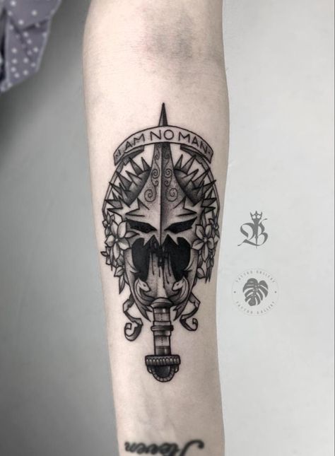 Lord Of The Rings I Am No Man Tattoo, I Am No Man Tattoo Eowyn, I Am No Man Tattoo, Eowyn Tattoo, Gnarly Tattoos, I Am No Man, Lotr Tattoo, Lord Of The Rings Tattoo, Helmet Tattoo