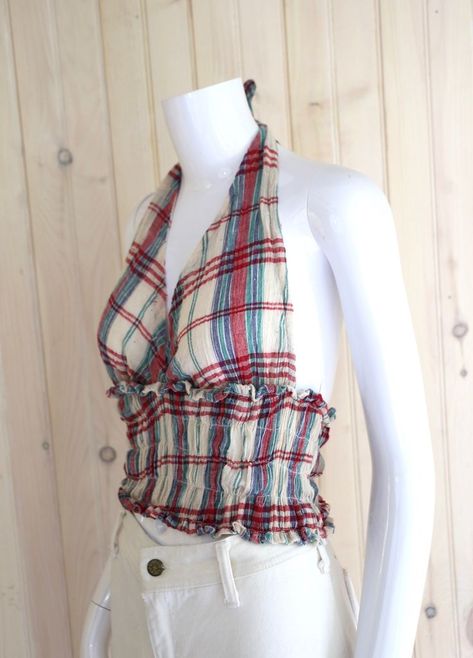 70s Halter Top, Madras Plaid, Waist Stretches, Summer Tank, Top Vintage, Crop Shirt, Vintage 1970s, Vintage Tops, Halter Top