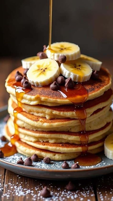 Chocolate Chip Banana Pancakes Banana Chocolate Pancakes, Chocolate Chip Banana Pancakes, Delicious Breakfast Foods, Banana Chocolate Chip Pancakes, Banana Pudding Poke Cake, Pudding Poke Cake, Banana Pancakes Recipe, Chocolate Pancakes, Perfect Pancakes