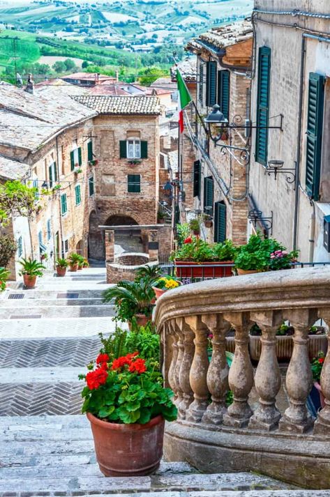 The italian village of Corinaldo, Ancona in Marche, Italy - e-borghi Plants On Balcony, Balcony Photography, Ancona Italy, Italy Coffee, Patterns Simple, Building Photography, Italian Village, Balcony Plants, Italy Photography