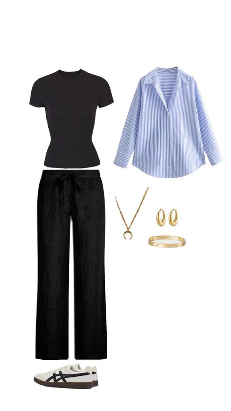 black linen pants + black short sleeved long top (basic) + oversized buttoned blue shirt + onitsuka tigers Old Money Outfit, Old Money Outfits, Money Outfit, Work Travel, Dream Clothes, School Outfit, School Outfits, Old Money, Lingerie Set