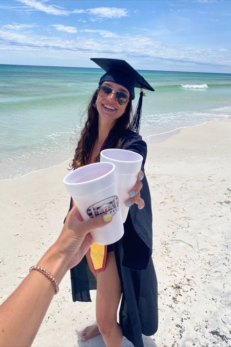 Fun graduation pic idea on the beach with cocktails in full graduation regalia, cap and gown wearing bikini underneath. Pics In Beach, Graduation Regalia, Grad Pics, Cap And Gown, Graduation Pictures, Beach Pictures, The Beach, Instagram Profile, Photo And Video